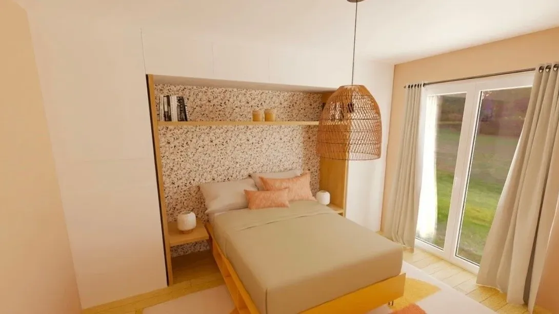 Chambre en 3D : pont de lit en bois avec étagères, tons rose et ocre