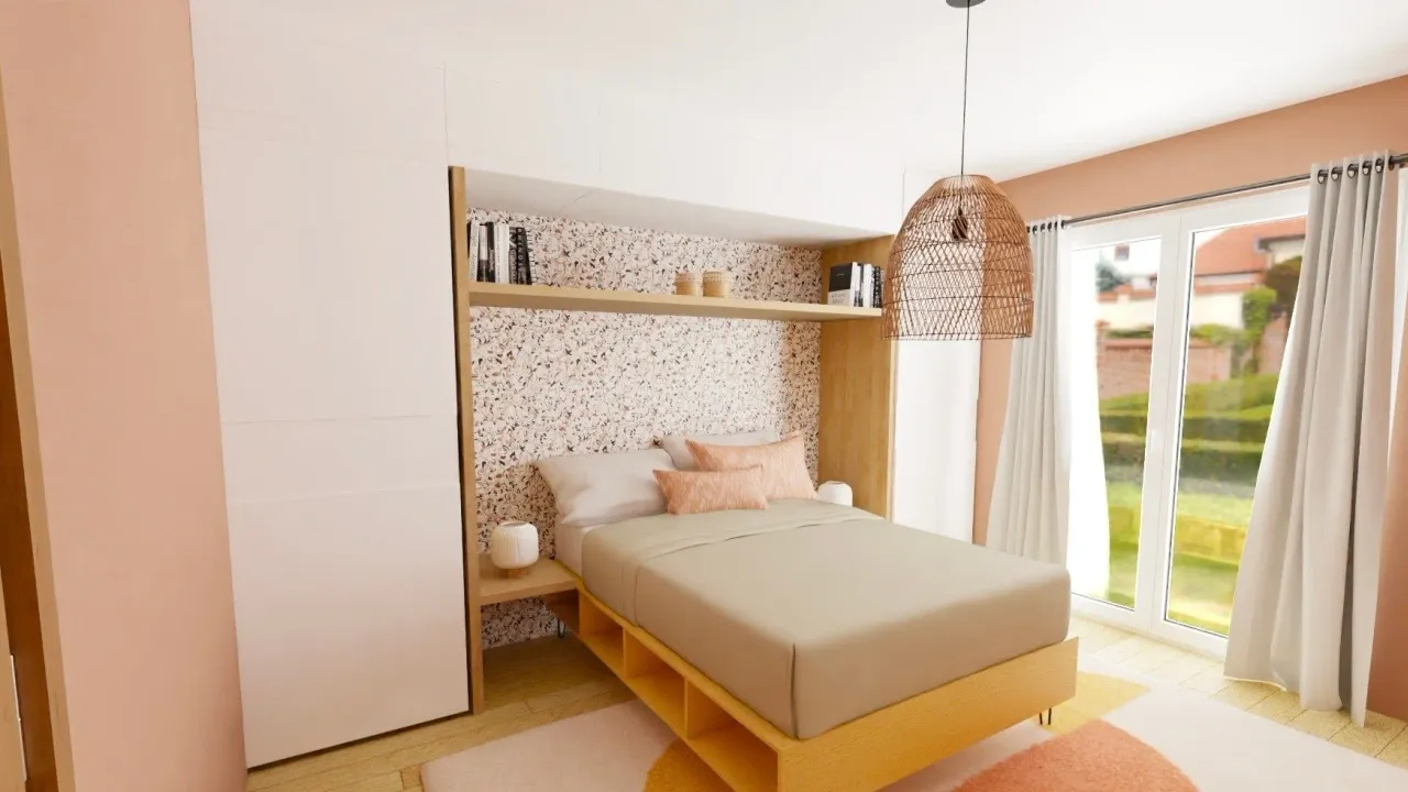 Plan 3D d'une armoire pont de lit qui dissimule une porte inutile