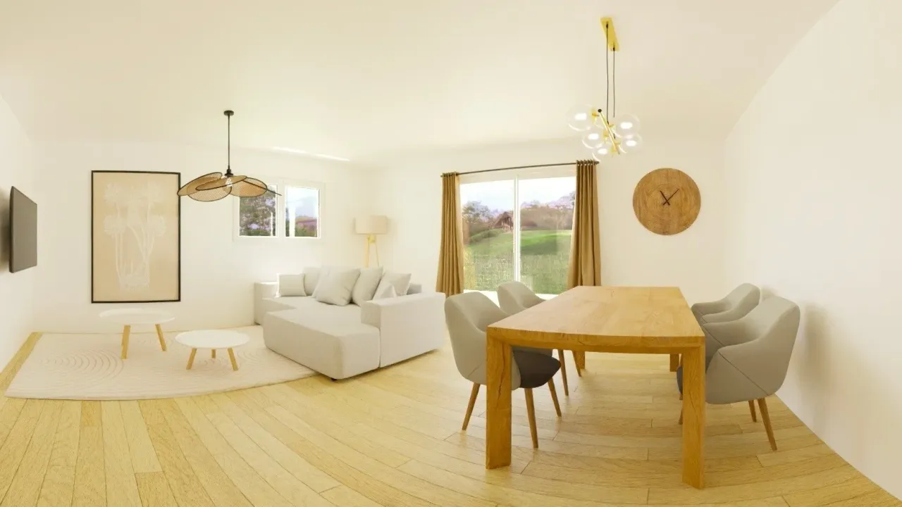 Visuel 3D d'un séjour lumineux avec table en bois et canapé blanc