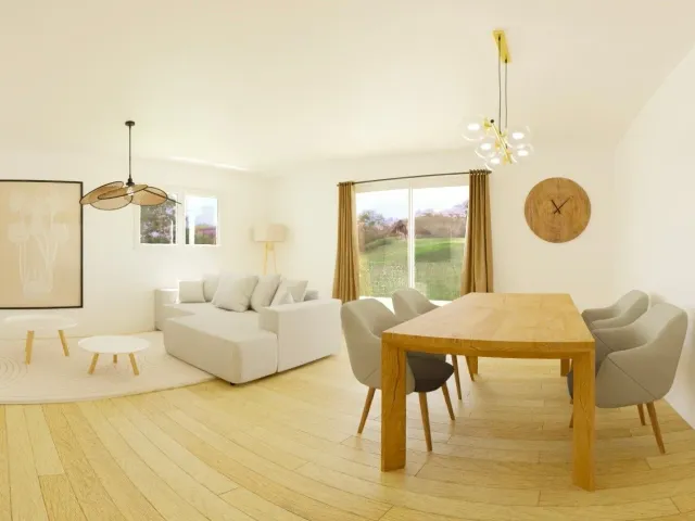 Visuel 3D d'un séjour lumineux avec table en bois et canapé blanc