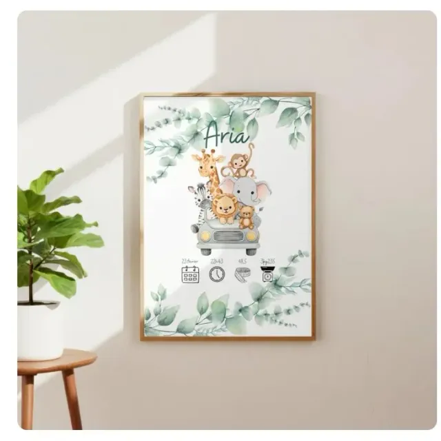 Affiche de naissance personnalisée avec animaux de la savane