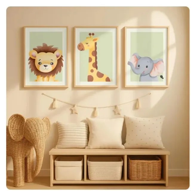 Trois affiches lion, girafe et éléphant au-dessus d'un banc de rangement