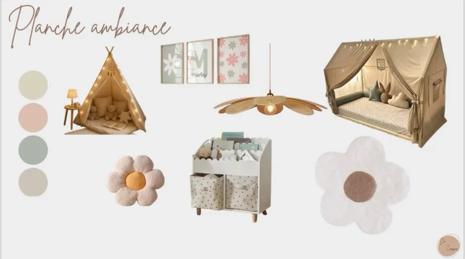 Planche d'ambiance pour une chambre d'enfant : palette, tipi, suspension et affiches