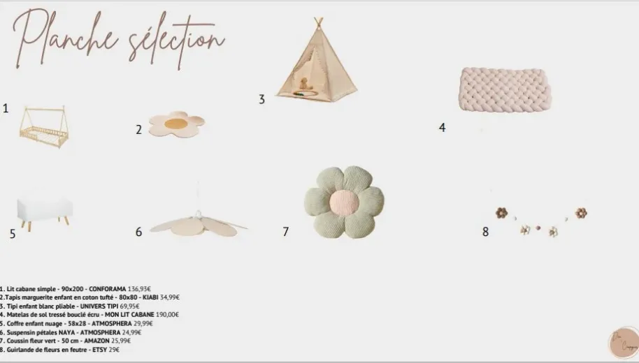Planche de sélection shopping avec références de mobilier et d'accessoires